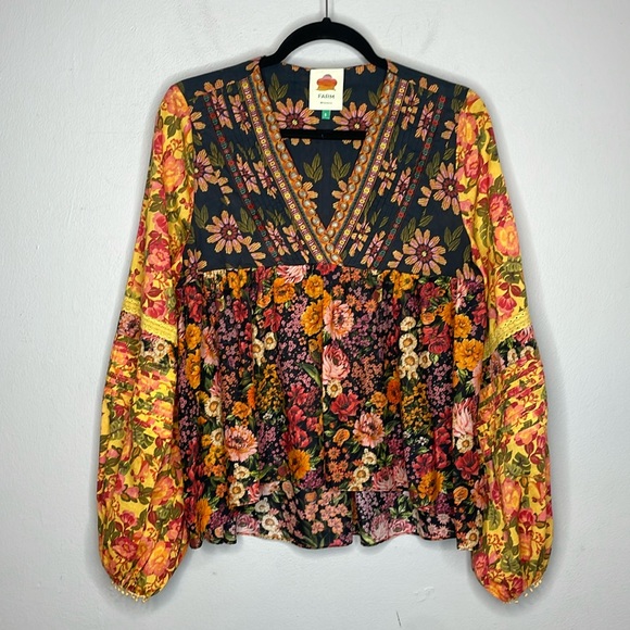 FARM Rio | Flower Gardens Puff Sleeve Peasant Boho Top Size Small - Picture 2 of 7